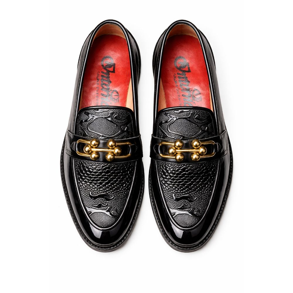 Mens Glossy Embossed Slip On Loafer with Metal Accent